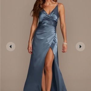 Steel blue charmeuse draped strapped bridesmaid dress